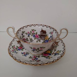 Beautiful Ansley Pagoda Double Handle Soup Bowl and Saucer