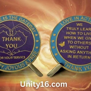 May include: Two round, purple and blue coins with gold text. One coin says "Thank You" with hands forming a heart. The other coin says "Love in Action". The website Unity16.com is at the bottom.