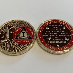 Tree of Love-RED-tokens. chips, medallions, AA, , tree of life, recovery, sobriety, anniversary, 12 step, unity. Chips. Unity16.com 2025