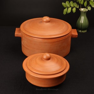 Unglazed Clay Handi/ LEAD-FREE Clay Pot for Serving with Lid/ Indian Earthen Kadai/ Swadeshi Blessings Ayurveda Range/ Curry, Biryani Pot