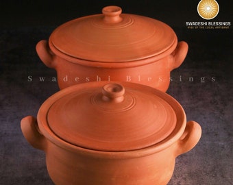 Unglazed Clay Pot for Serving with Lid/ Earthen Kadai/ Clay Handi/ Mud Pan/ Swadeshi Blessings Ayurveda Range/ Curry, Biryani Pot