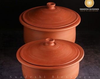 Unglazed Clay Pot with Lid for Cooking, Serving/ Earthen Kadai/ Clay Handi/ Swadeshi Blessings Ayurveda Range/ Curry Pot/ Indian Biryani Pot