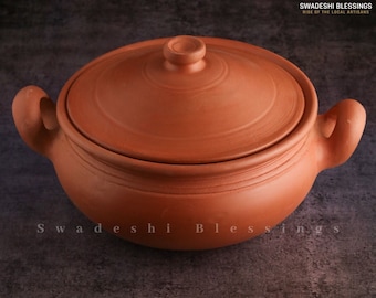 Unglazed Clay Pot for Cooking with Lid/ Indian Earthen Kadai/ LEAD-FREE Clay Handi/ Swadeshi Blessings Ayurveda Range/ Curry, Biryani Pot