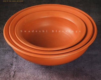 Unglazed Clay Pot for Cooking/ LEAD FREE Clay Cookware (1L, 2L, 3L Red) Indian Earthen Kadai Set/ Ayurveda Range/ Curd Curry Biryani Pots