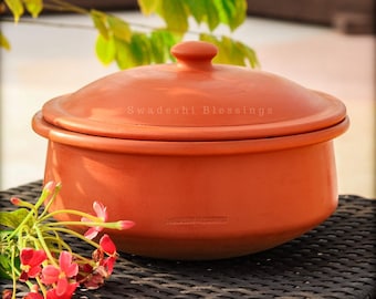 Unglazed Clay Handi/ Earthen Kadai/ LEAD-FREE Clay Pot for Cooking & Serving with Lid/ Swadeshi Blessings Ayurveda Range/ Curry Biryani Pot)