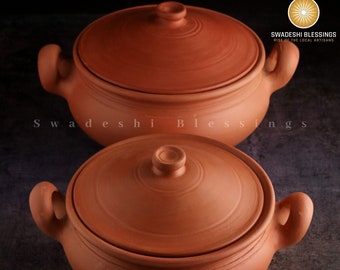 Unglazed Clay Pot for Cooking with Lid/ LEAD-FREE Earthen Kadai/ Indian Clay Handi/ Swadeshi Blessings Ayurveda Range/ Curry Biryani Pots