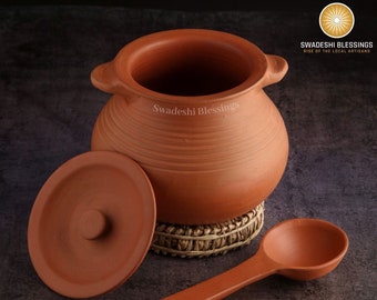 Unglazed Clay Pot for Cooking with Lid/ LEAD-FREE Indian Earthen Handi/ Swadeshi Blessings Exclusive Range/ Curd Pot/ Curry, Biryani Pots