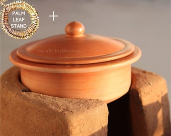 Handmade Unglazed Clay Cooking Pot with Lid: Earthen Handi, Lead-free Ayurvedic Cookware, Clay Utensils