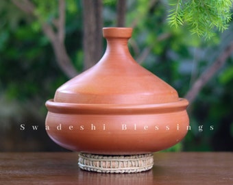 Unglazed Clay Tagine Pot for Cooking with Lid/ LEAD-FREE Earthen Tajine/ Clay Tagine Cookware for baking/ Swadeshi Blessings Ayurveda Range