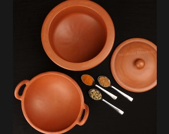 Unglazed LEAD-FREE Clay Handi/ Indian Clay Pot for Cooking with Lid/ Earthen Kadai/ Swadeshi Blessings Exclusive Range/ Curry, Biryani Pot