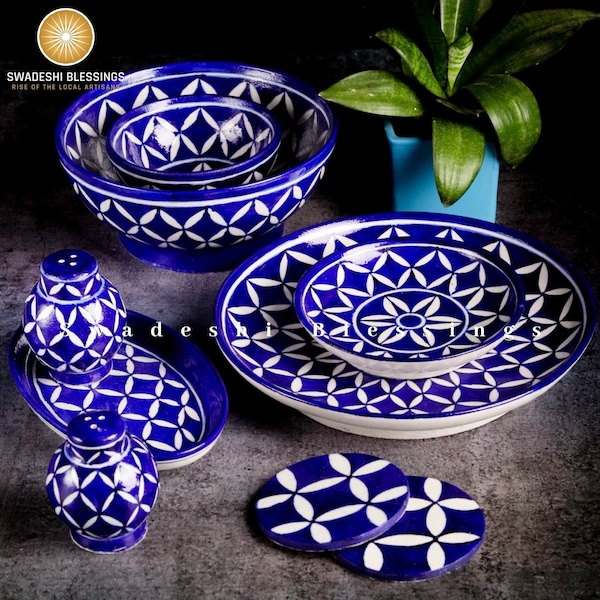 Antique HandPainted Royal Blue Pottery TableWare Set(9Pcs)/ Handmade DinnerWare Set/ Blue Pottery Bowl, Tray, Table Plates/ House Warming