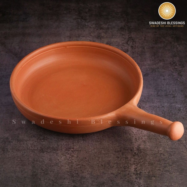 Unglazed Clay Frying Pan/ Earthen Wok/ Clay Skillet, 10 Inches/ Swadeshi Blessings Exclusive Range/ Curry Sauce Pan/ Griddle/ Spider Fry Pan