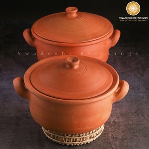 Unglazed Clay Pot for Serving with Lid/ Earthen Kadai/ Clay Handi/ Mud Pan/ Swadeshi Blessings Ayurveda Range/ Curry, Biryani Pot