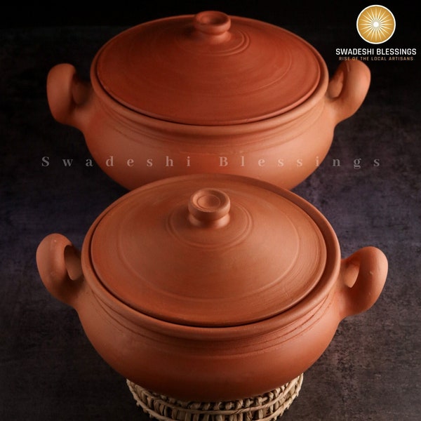 Unglazed Clay Pot for Cooking with Lid/ LEAD-FREE Earthen Kadai/ Indian Clay Handi/ Swadeshi Blessings Ayurveda Range/ Curry Biryani Pots