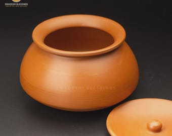 Handmade Unglazed Clay Cooking Pot with Lid: Clay Utensils Handi, Lead-free Ayurvedic Earthen Cookwares