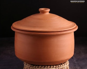 Handgemaakte, ongeglazuurde kleien kookpot met deksel: Aardewerken Handi, loodvrij Ayurvedisch kookgerei, kleien keukengerei, modderkadai