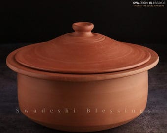 Handmade Unglazed Clay Cooking Pot With Lid: Earthen Handi, Lead-Free Ayurvedic-Cookwares, Clay Utensils, Mud-Kadai