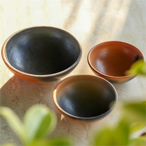 Unglazed Clay Serving Bowl Set with Natural Black Firing Effect/ Terracotta, Earthen Snack Bowl (Swadeshi Blessings Exclusive Range)