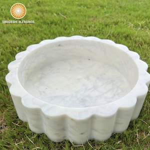 HandCrafted Marble Large Decorative Bowl | Scalloped Bowl | Ruffle Bowl |  Fluted Bowl | Ring Dish | Organic Modern Home Decor Bowl