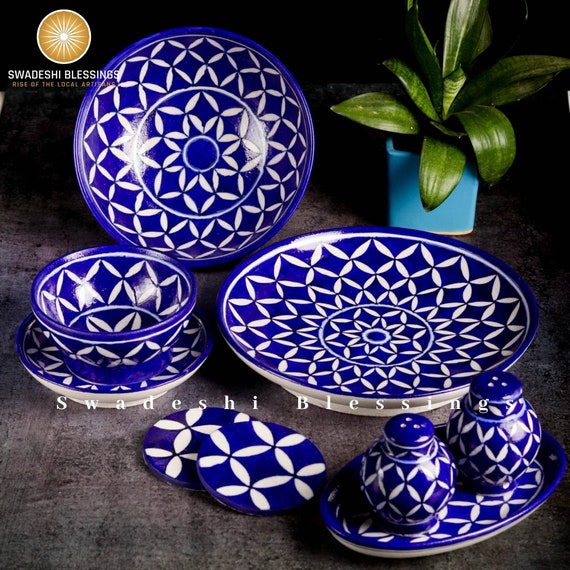Antique Handpainted Royal Blue Pottery Tableware Set9pcs Handmade