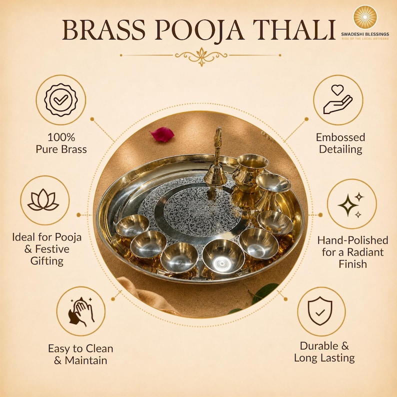 May include: A golden brass puja thali with a lit candle, small bowls of spices and nuts, a bell, and red roses. The thali is round and has an engraved design.