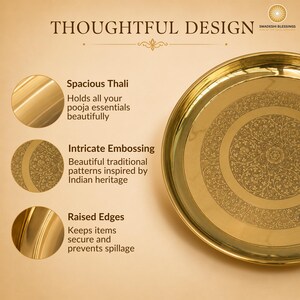May include: A golden brass puja thali with a lit candle, small bowls of spices and nuts, a bell, and red roses. The thali is round and has an engraved design.