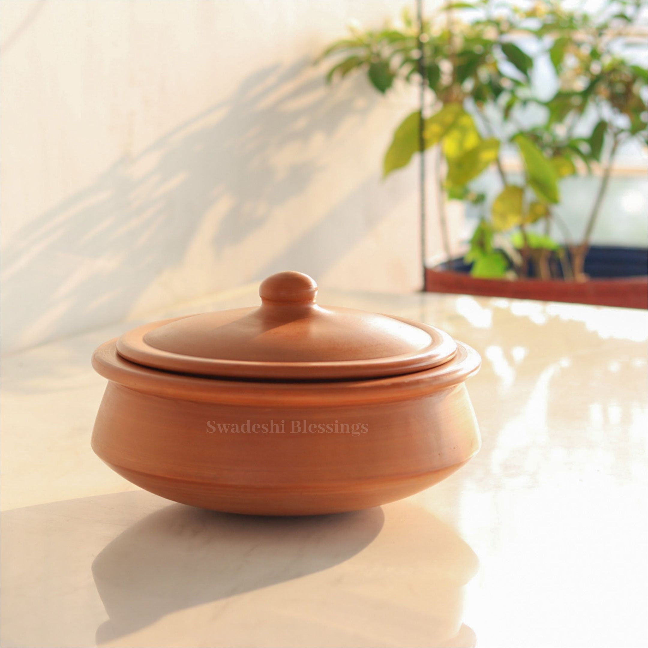 Handmade Clay Low Pot for Cooking with Lid, Unglazed Terracotta Cookware,  Midi