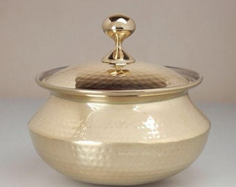 Brass Handi Pot with Lid with Tin Coating: Ayurvedic Cookware, Teflon-Free, Non-Stick (3/4 L)