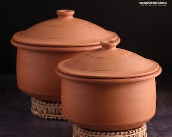 Unglazed Clay Cooking Pot with Lid: Earthen Handi, Lead-free Ayurvedic Cookware, Mud Utensils, 3-5Liters
