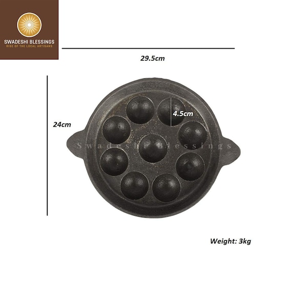 Cast Iron Paniyaram Pan 9pit/ Cast Iron Cooking Pan/ Pre-seasoned Paddu  Tawa/ Mini Paniyaram/ Swadeshi Blessings Premium Ayurveda Range 