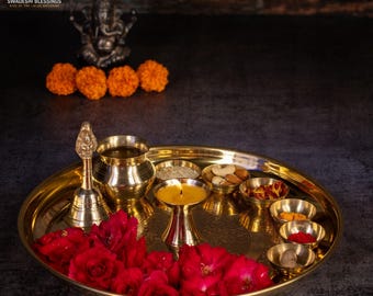 Handcrafted Brass Pooja Thali Set, 10 Pieces- Temple Decor- Puja Items, Diwali Gift