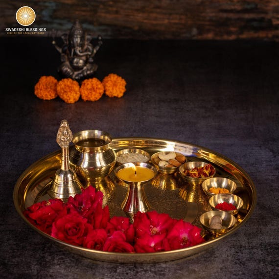 Handcrafted Brass Pooja Thali Set, 10 Pieces- Temple Decor- Puja Items, Diwali Gift