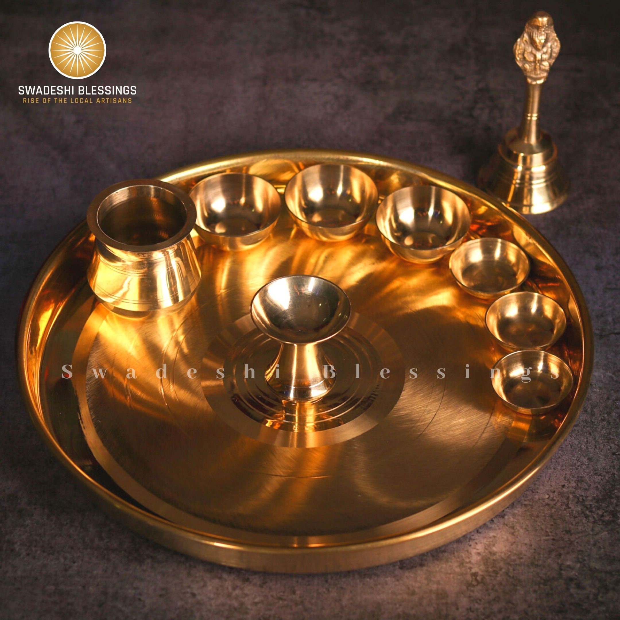 Brass Pooja Thali Set 12 Inch With Pital Puja Plate Kalash Bowl Spoon Haldi  Kumkum Stand Ghanti Piyali Diya Arti Thali for Diwali 
