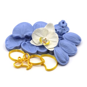 Könnte beinhalten: Ein Satz blauer Silikonformen zum Herstellen von Orchideenblütendekorationen, mit einer weißen Orchideenblüte und goldenen Metall-Ausstechern.