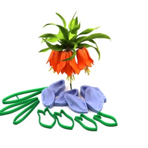 May include: A set of silicone moulds for making a fritillaria flower. The moulds are blue and feature the flower petals and leaves. There is also a green plastic cutter for making the leaves.