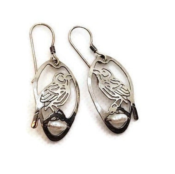 Silver Bird Earrings with Fresh Water Pearls, Vin… - image 3