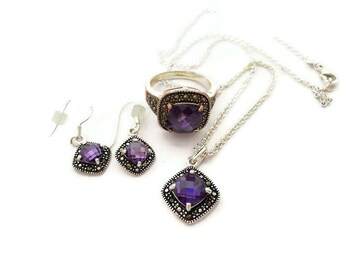 Victorian Jewelry Set Vintage Faux Amethyst Purple Rhinestone Necklace, Drop Earrings, and Victorian Ring.