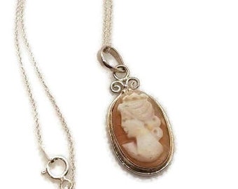 Vintage Shell Cameo Necklace Sterling Silver Pendant Necklace, Victorian Carved Shell Cameo