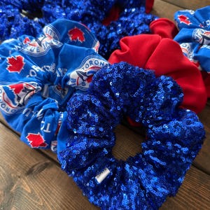 Peut inclure: Plusieurs chouchous en tissu rouge et bleu à paillettes. Certains chouchous présentent un motif bleu et blanc avec le mot "TORONTO" et une feuille d'érable. Ils sont disposés sur une surface en bois.