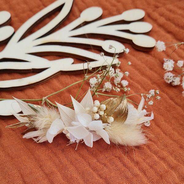 Barette "Blanc & Or" / barrette cheveux / accessoire fleurs séchées / accessoire mariage / accessoire mariée