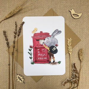 Postcards &quot;I love Postcrossing&quot; with a bunny and a big red postbox | Hand-drawn watercolor postcards for Postcrossing lovers by Julia Swan
