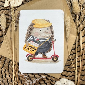 Postcards &quot;Happy Post&quot; with a hedgehog on a red scooter | Hand-drawn watercolor postcards for SnailMail lovers by Julia Swan
