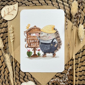 Postcards &quot;Happy Post&quot; with a hedgehog and a brown postbox | Hand-drawn watercolor postcards for Postcrossing lovers by Julia Swan