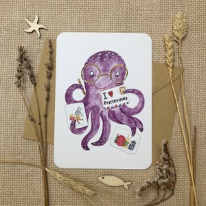 Postcard with an octopus and postcards “I love Postcrossing” | Hand-drawn watercolor postcard for Postcrossing lovers by Julia Swan