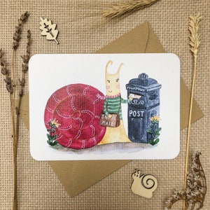 Postcards “Snail mail” with a snailmail and a black postbox | Hand-drawn watercolor postcards for Postcrossing lovers by Julia Swan