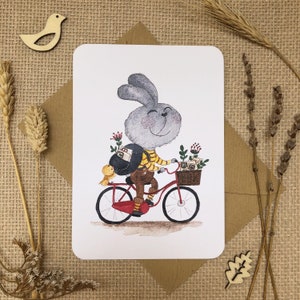 Postcards &quot;I love Postcrossing&quot; with a bunny on a bike | Hand-drawn watercolor postcards for Postcrossing lovers by Julia Swan