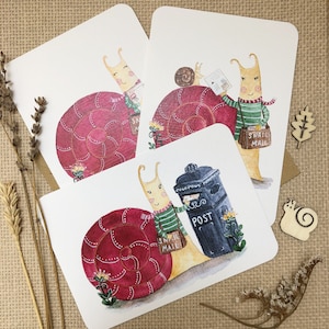 BUNDLE of 3 different postcards “Snail mail” with a snailmail | Hand-drawn watercolor postcards for Snail Mail lovers by Julia Swan