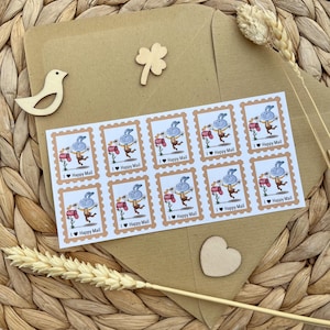 Stickers sheet with decorative post stamps 10 pcs 25x32 mm I love Happy Mail, I love Postcrossing with a bunny | Hand-drawn by Julia Swan