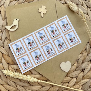 Stickers sheet with decorative post stamps 10 pcs 25x32 mm I love Happy Mail, I love Postcrossing with a bunny | Hand-drawn by Julia Swan