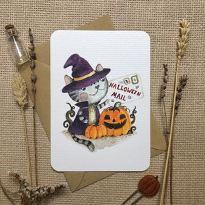 Postcards &quot;Halloween&quot; with a cat | Hand-drawn watercolor postcards for SnailMail and Postcrossing lovers by Julia Swan